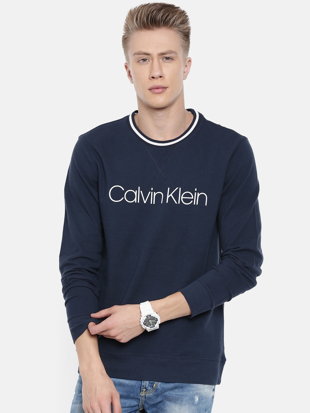 Buy Calvin Klein Underwear Men Navy Blue & White Printed Sweatshirt -  Sweatshirts for Men 9276053 | Myntra
