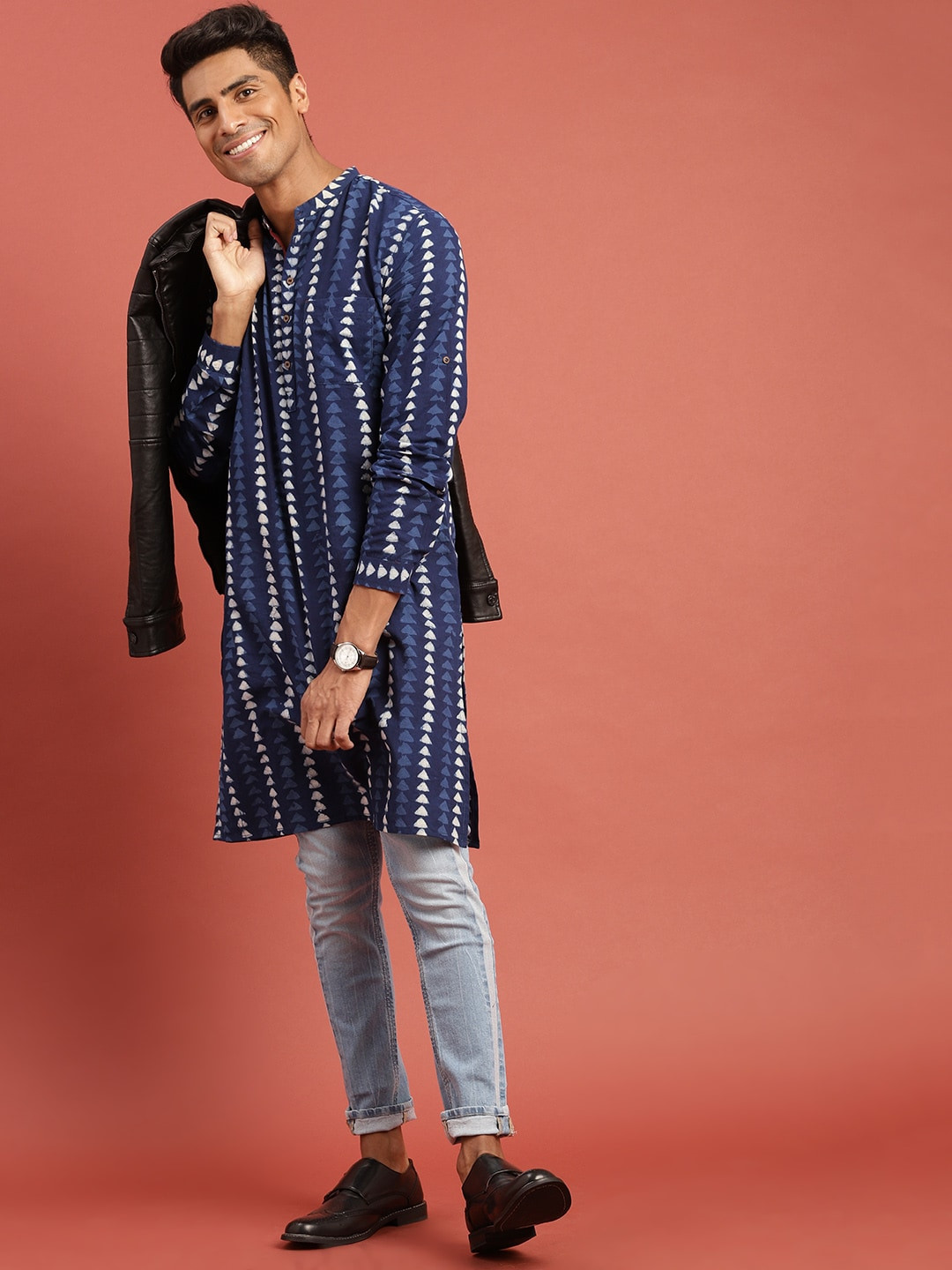 Taavi Men Blue Indigo Hand Block Print Straight  Kurta with Pockets