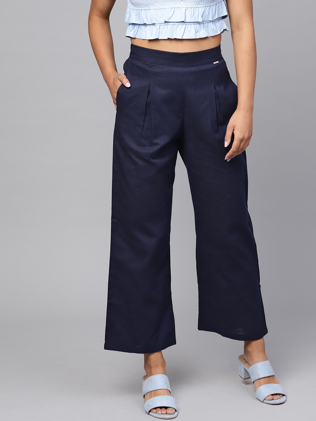 Indo Era Women Navy Blue Solid Straight Palazzos