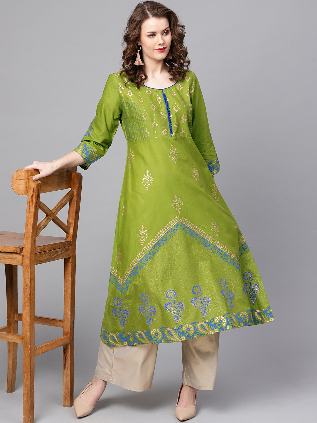 ZOEYAMS Women Green & Golden Block Print A-Line Kurta