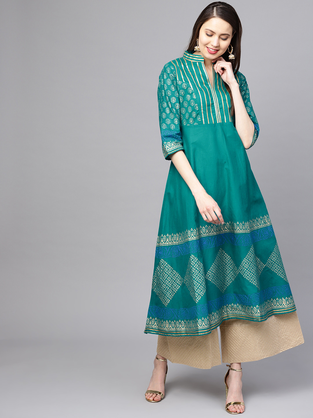 ZOEYAMS Women Green & Golden Block Print A-Line Kurta