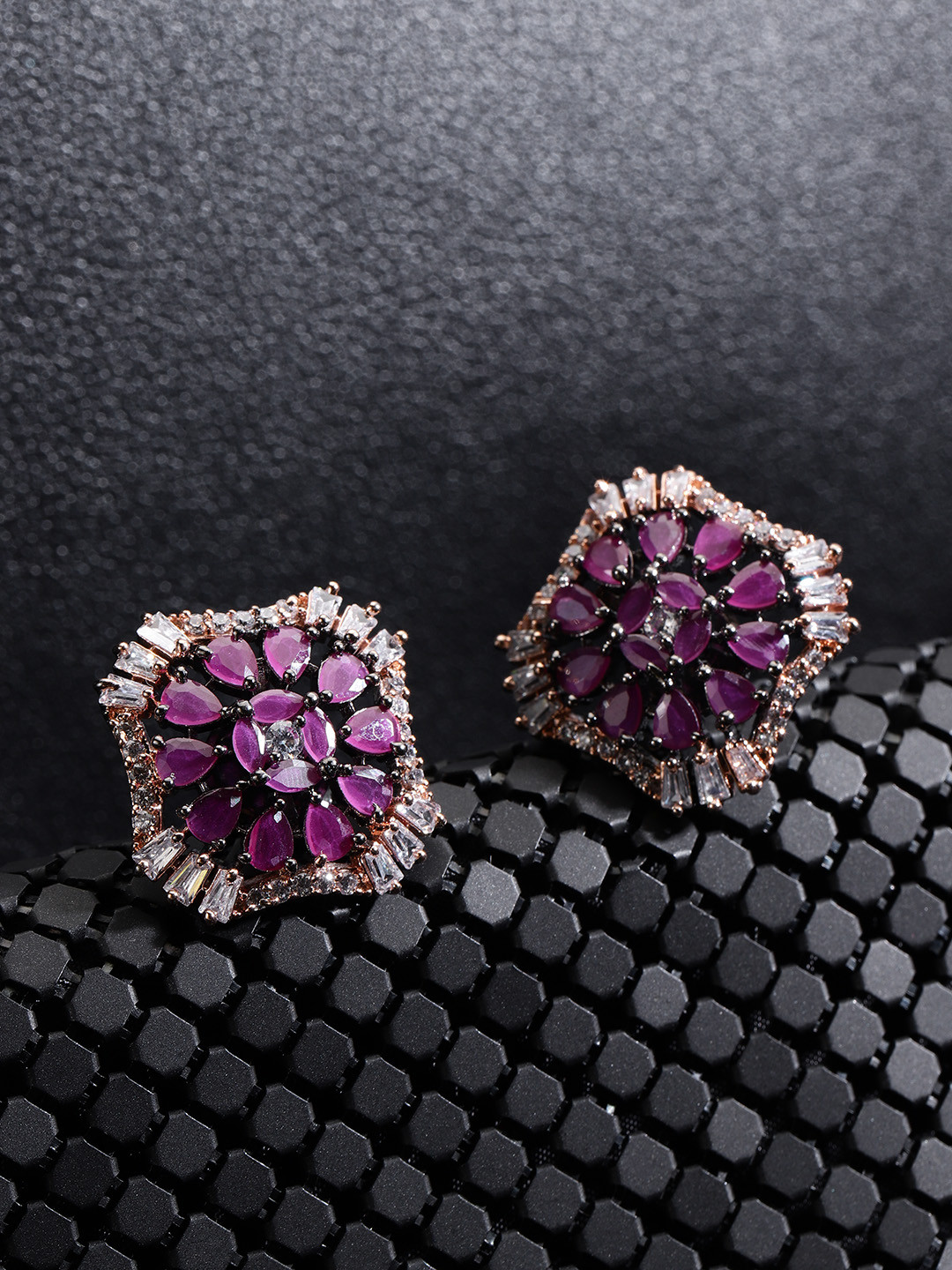 Priyaasi Gunmetal-Toned & Magenta Gold-Plated American Diamond Oversized Studs