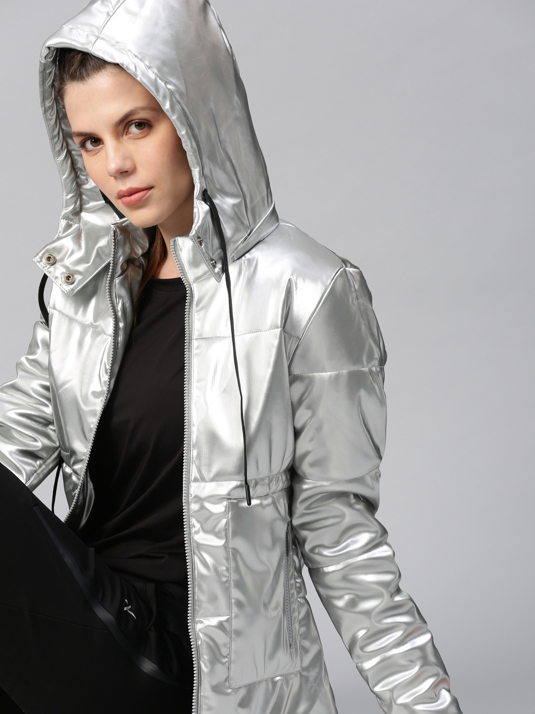 HRX by Hrithik Roshan Women Silver-Toned Solid Jacket