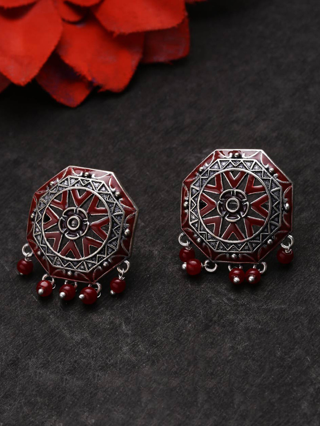 Voylla Oxidised Silver-Plated & Red Geometric  Oversize Studs