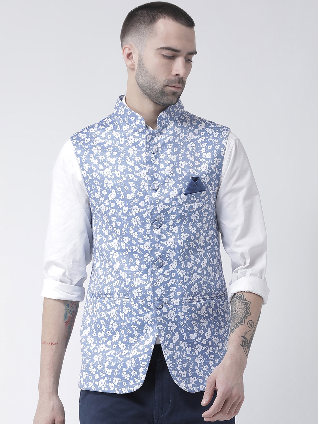 blue nehru jacket with white shirt