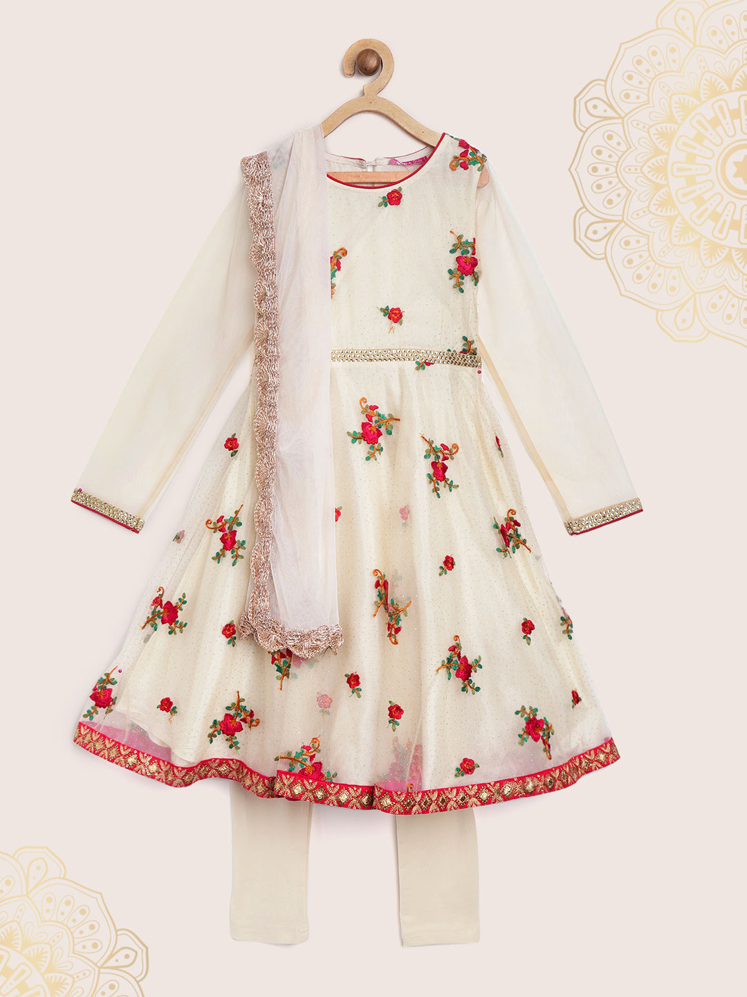 Biba Girls Off-White & Red Embroidered Kurta with Churidar & Dupatta