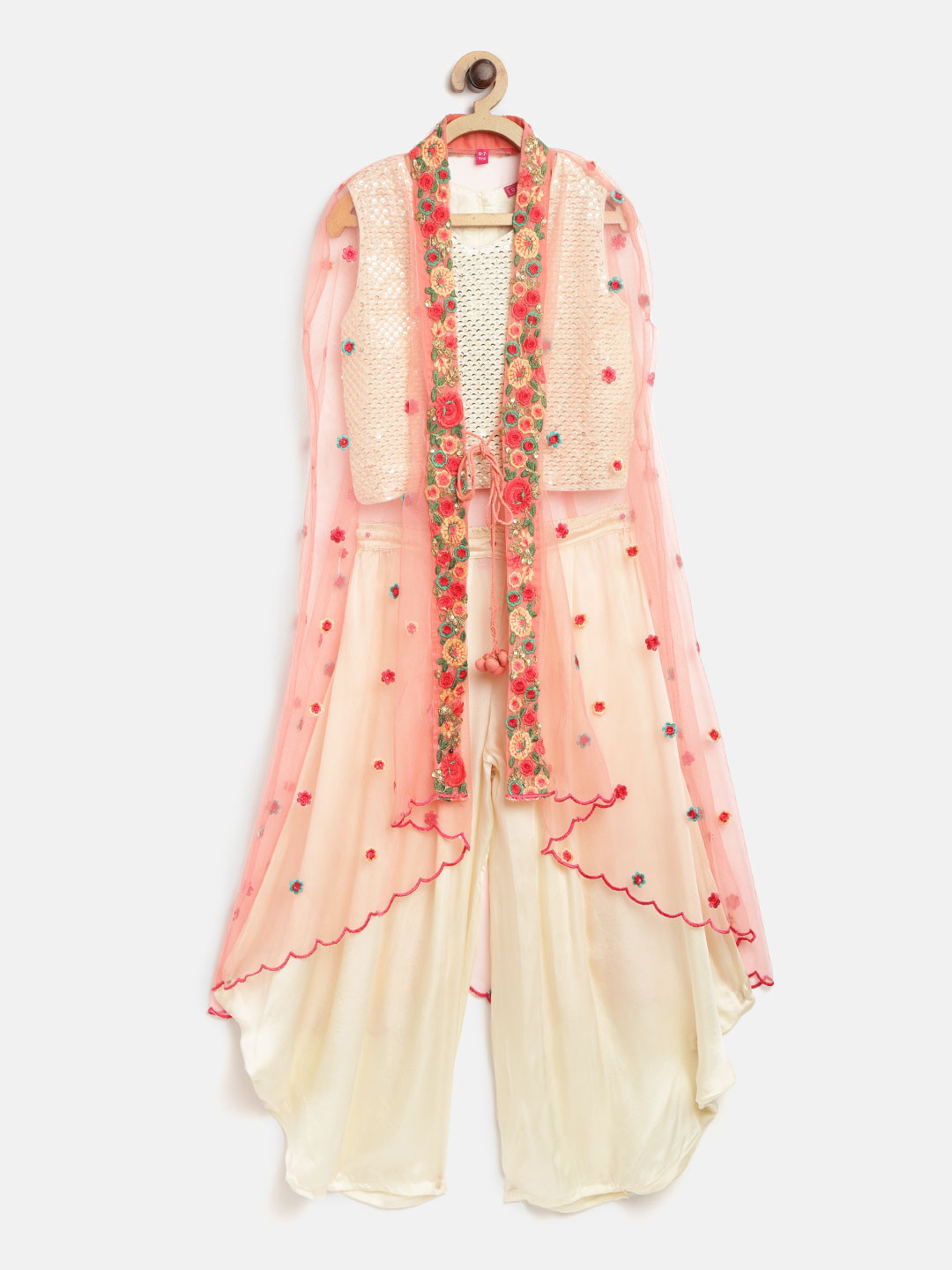 Biba Girls Off-White & Pink Sequinned Top with Palazzos & Net Cape Shrug