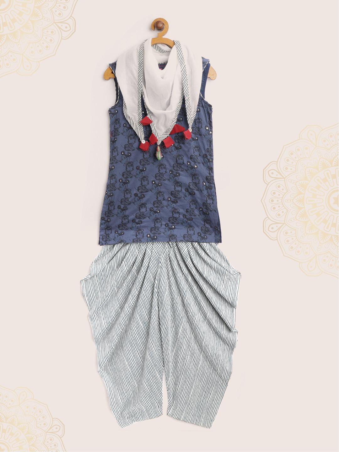 Biba Girls Navy Blue Printed Kurti with Off-White Striped Dhoti Pants & Dupatta