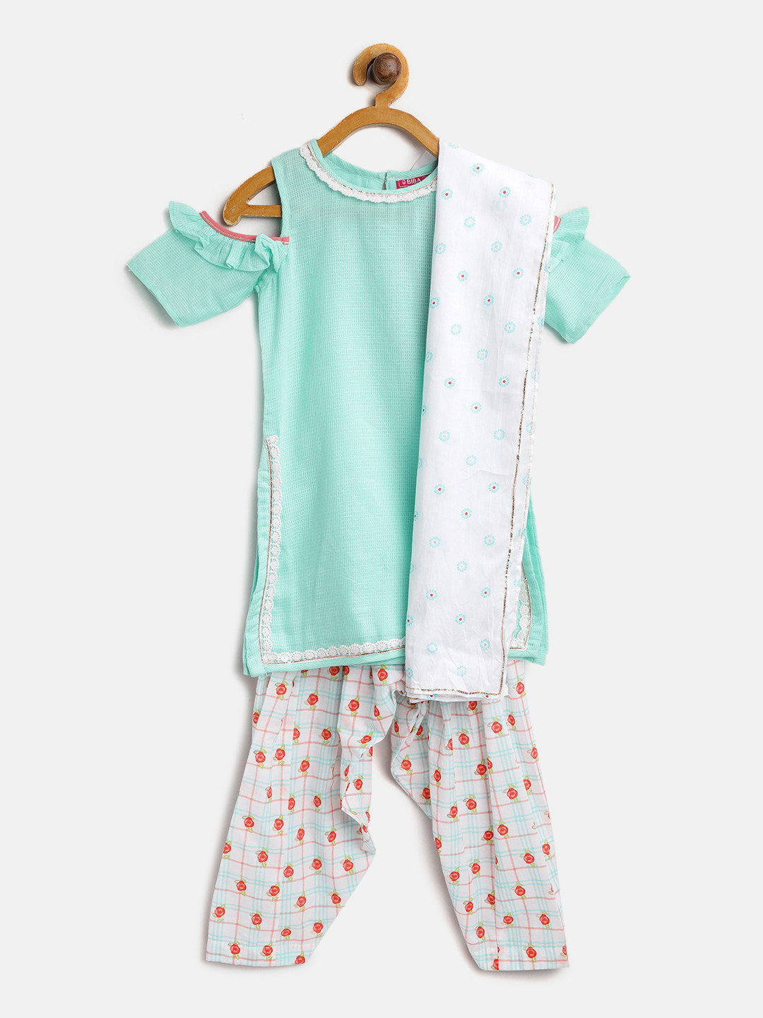 Biba Girls Sea Green & White Self Checked Kurta with Salwar & Dupatta