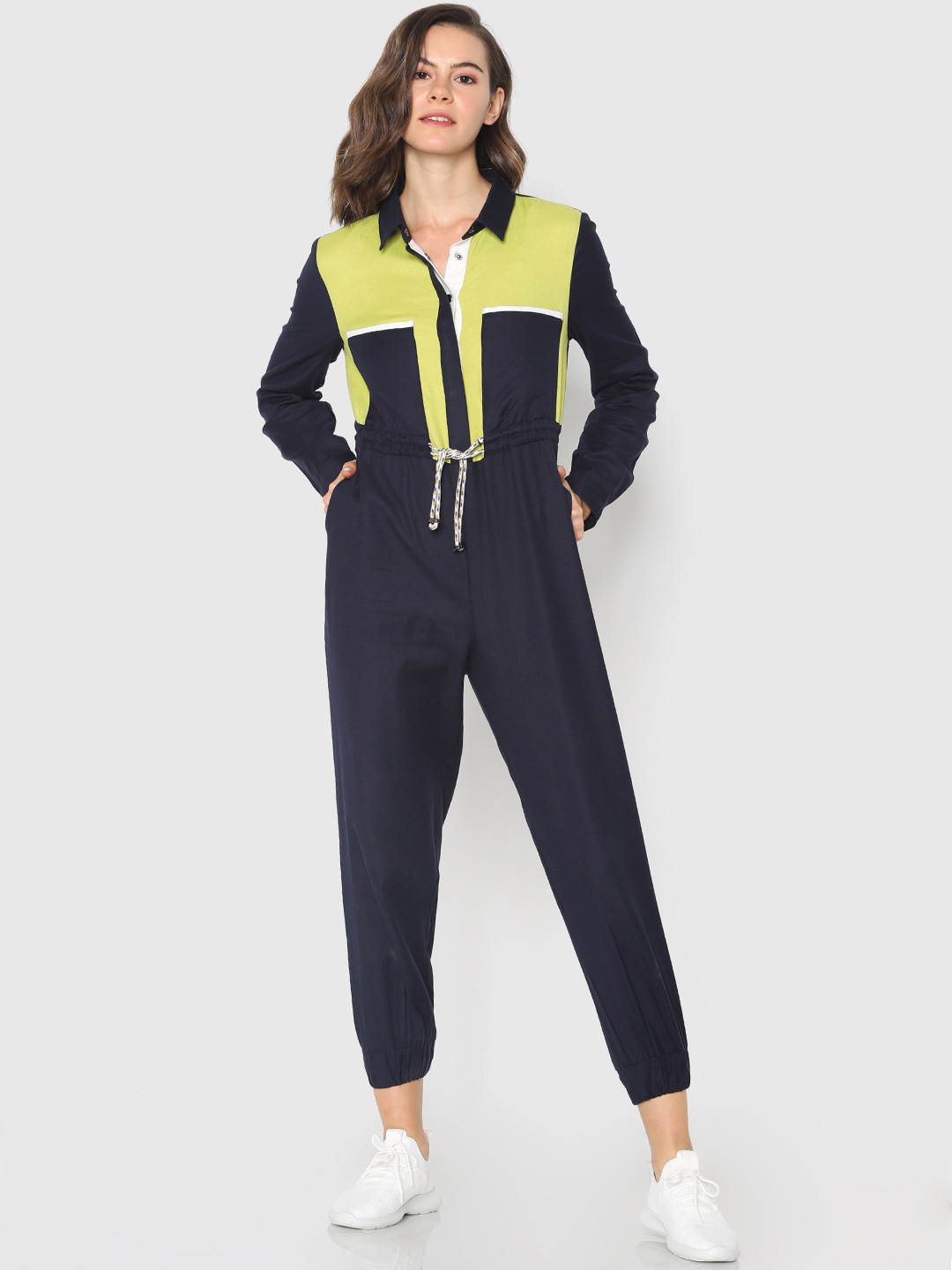 ONLY Blue & Lime Green Solid Basic Jumpsuit