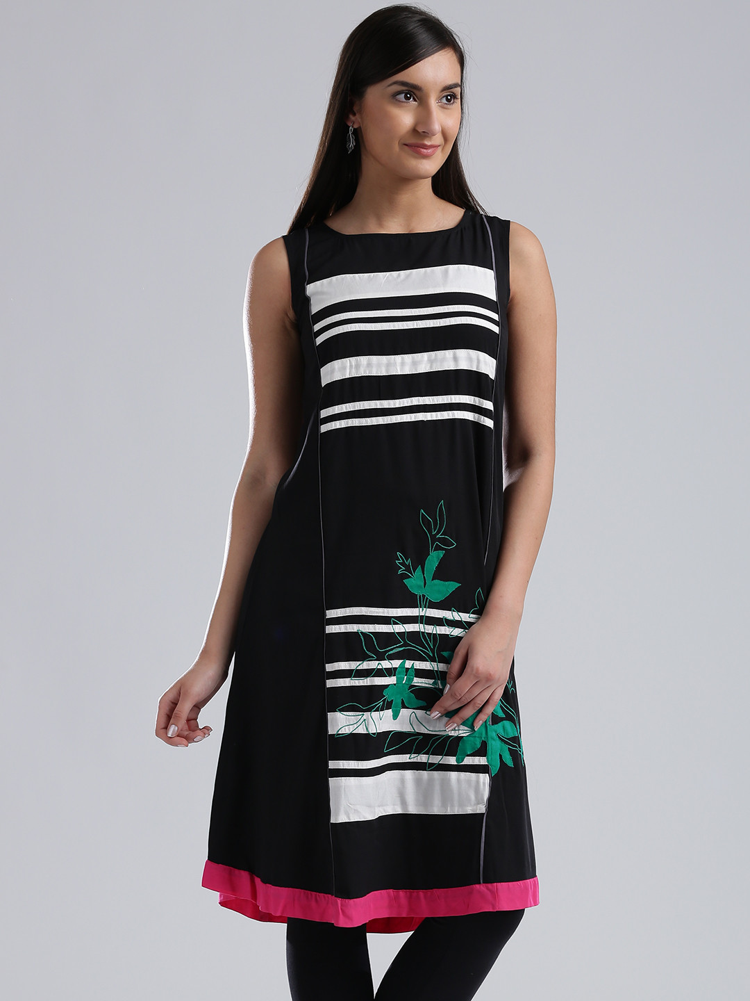 W Black Women A-Line Kurta with Applique Detail