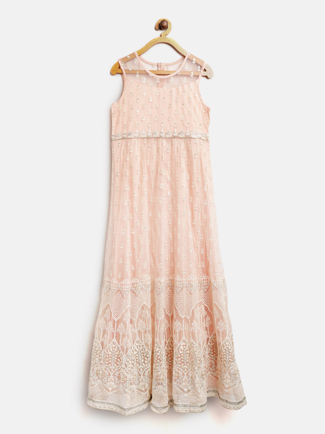 Biba Girls Peach-Coloured & White Embroidered Maxi Dress