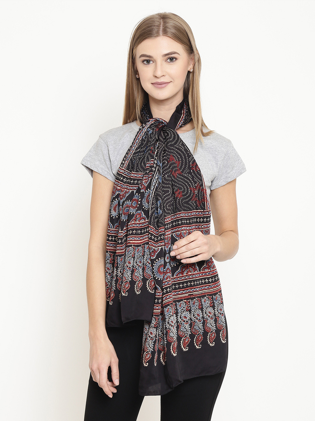 Kalakari India Black & Red Ajrakh Handblock Print Handcrafted Silk Sustainable Scarf