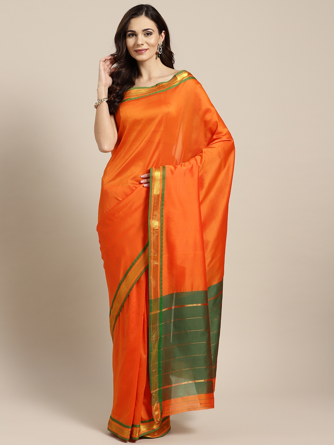 Buy Ishin Orange Solid Mysore Silk Saree - Sarees for Women ...