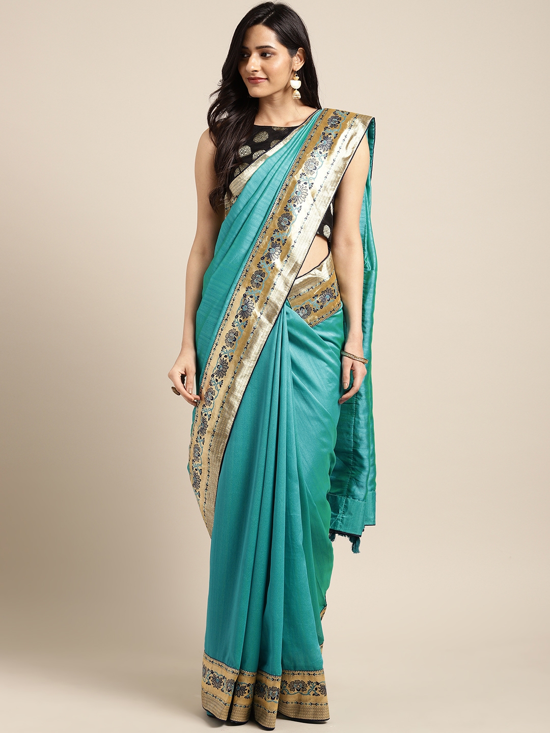 Indian Women Sea Green & Gold Toned Poly Silk Woven Design Saree Indian Women Sea Green & Gold Toned Poly Silk Woven Design Saree