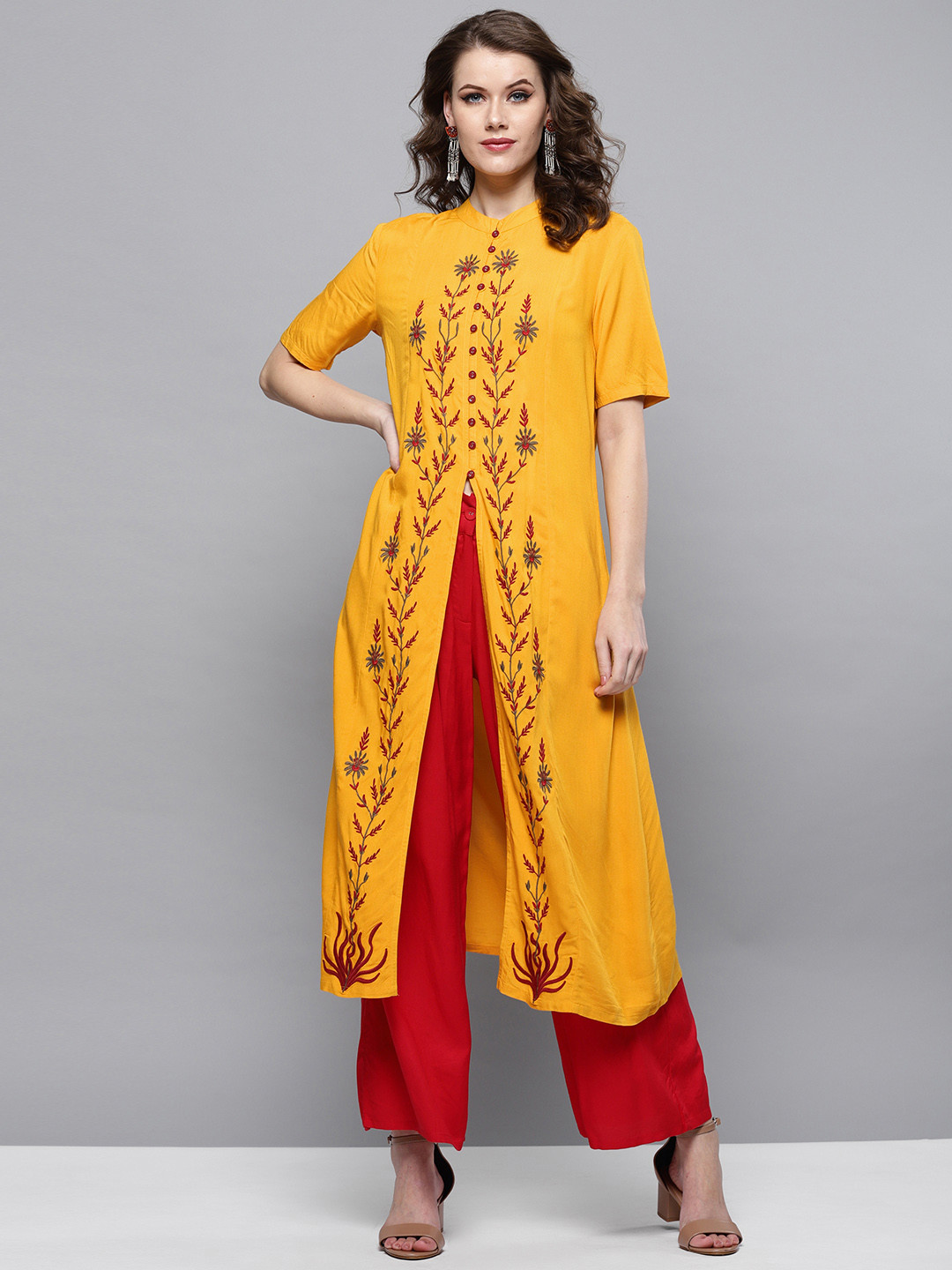 STREET 9 Women Mustard Yellow & Red Embroidered A-Line High Slit Kurta