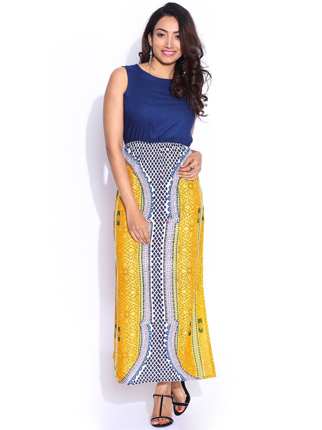 Buy Akkriti By Pantaloons Blue & Yellow Printed Maxi Dress - Dresses for  Women 934077