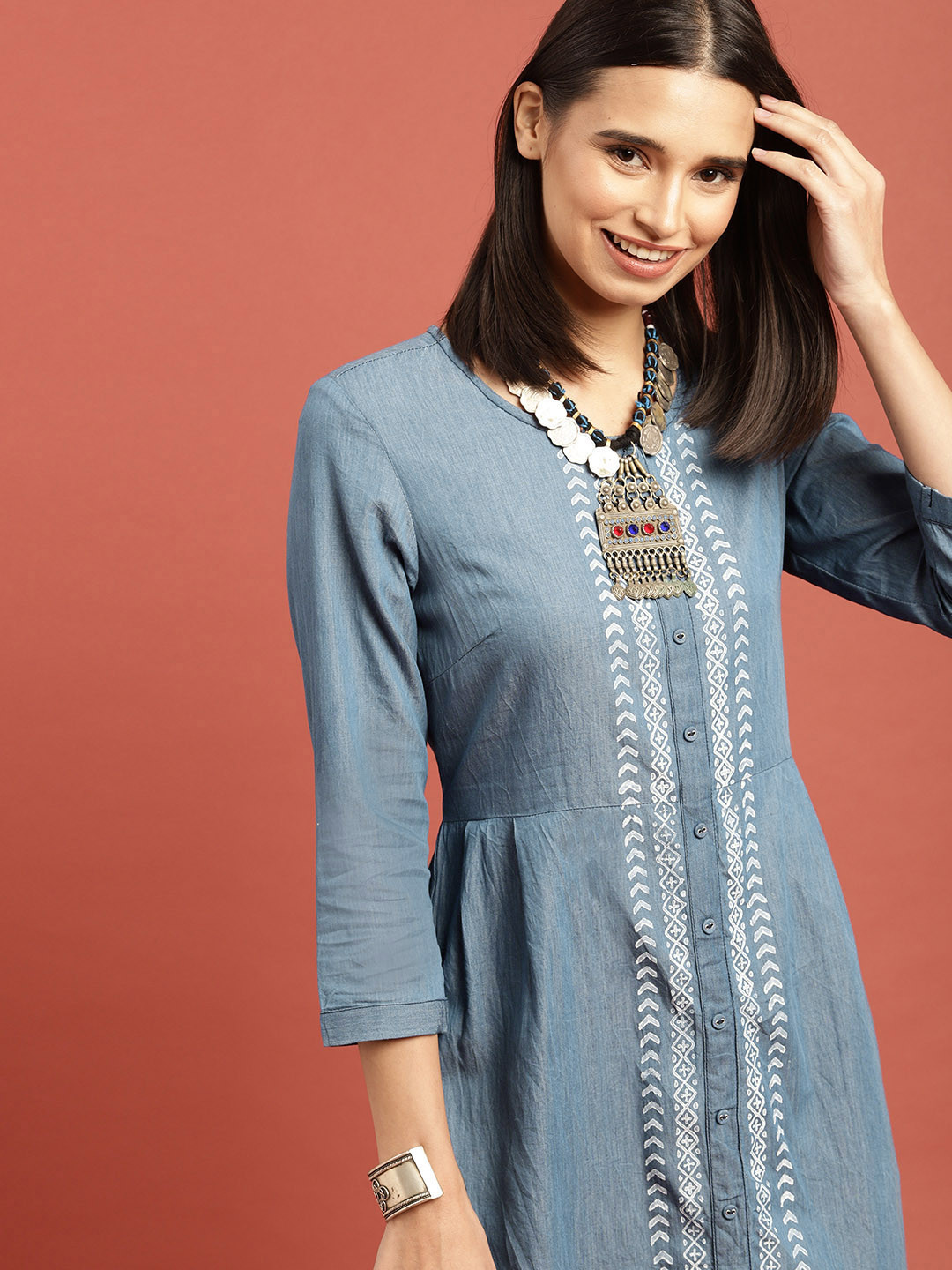 Taavi Women Blue Hand Block Print Chambray A-Line Kurta with Button Placket & Pockets