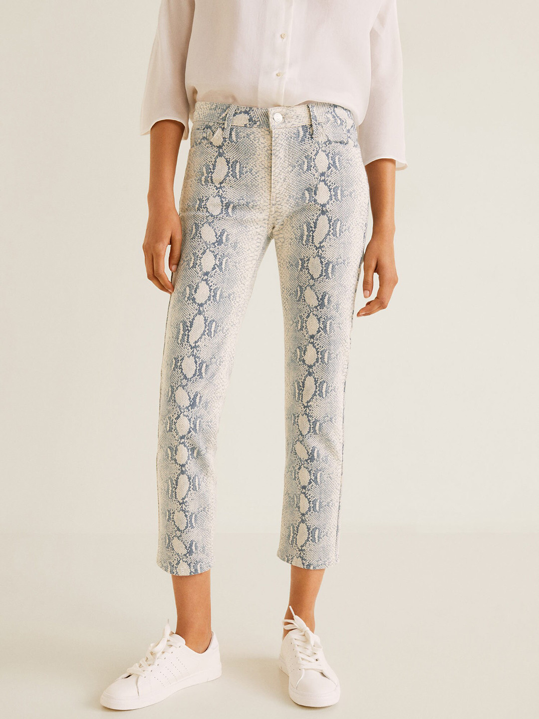 MANGO Women Beige & Grey Slim Fit Animal Print Mid-Rise Cropped Clean Look Jeans