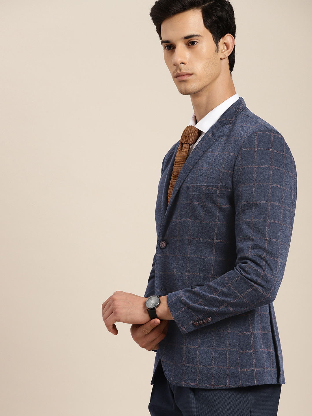 INVICTUS Men Navy Blue & Mustard Yellow Checked Slim Fit Single-Breasted Formal Blazer