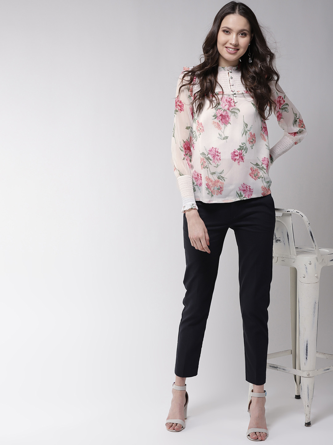 White \u0026 Pink Floral Print Top 