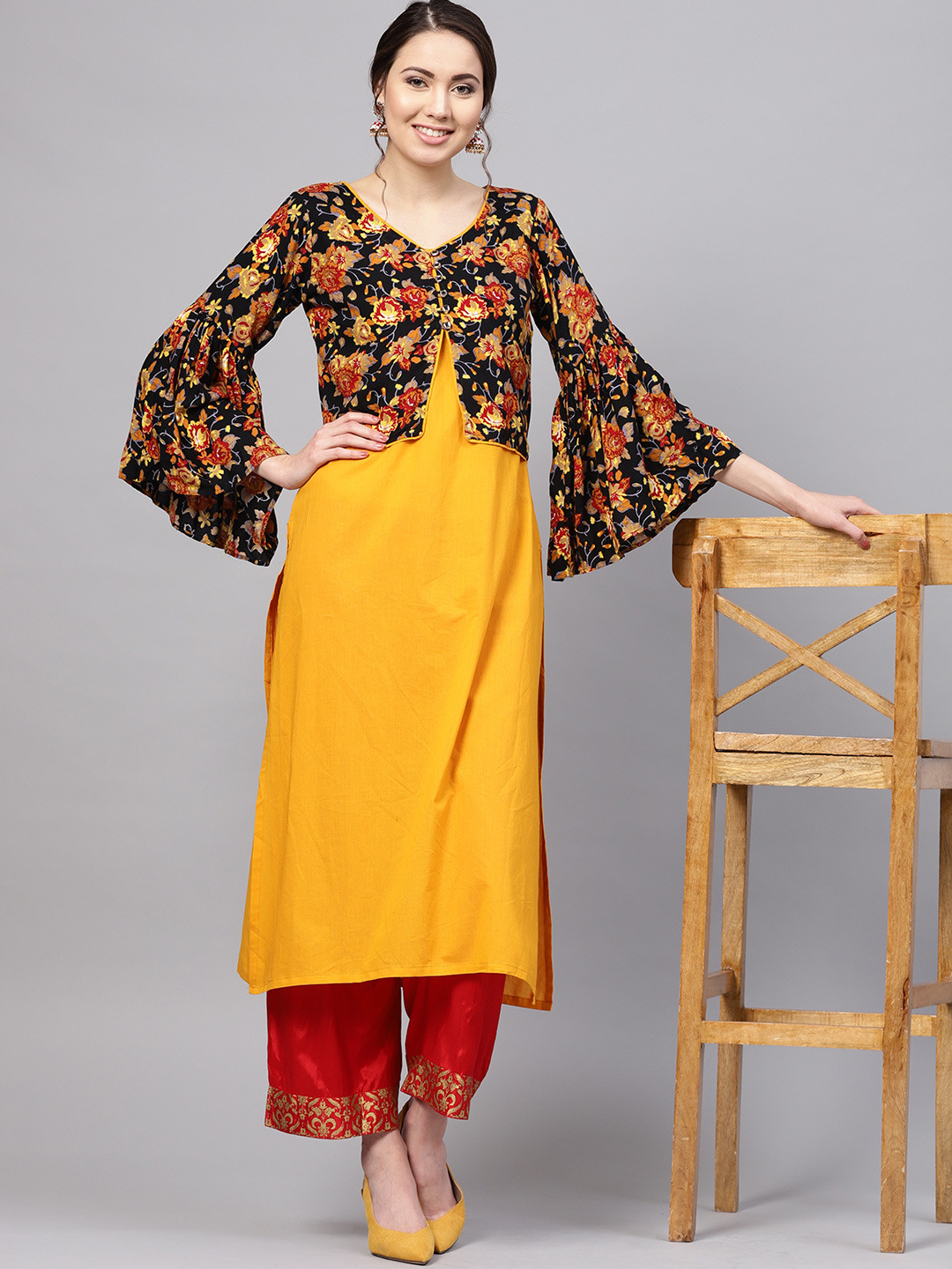 Myshka Women Mustard Yellow Solid Straight Kurta with Floral Jacket