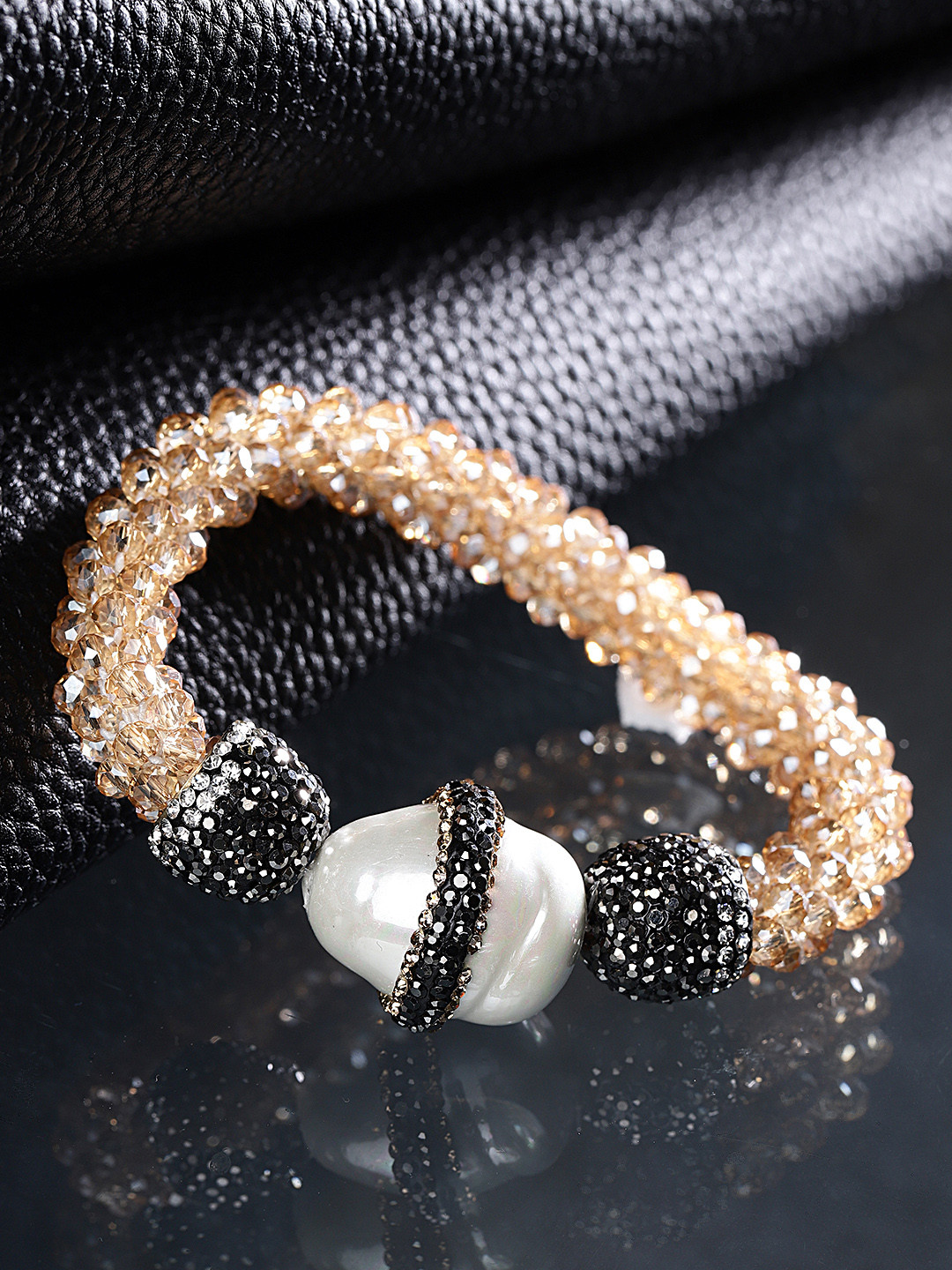 Jewels Galaxy Peach-Coloured & Off-White Beaded & Stone-Studded Elasticated Bracelet