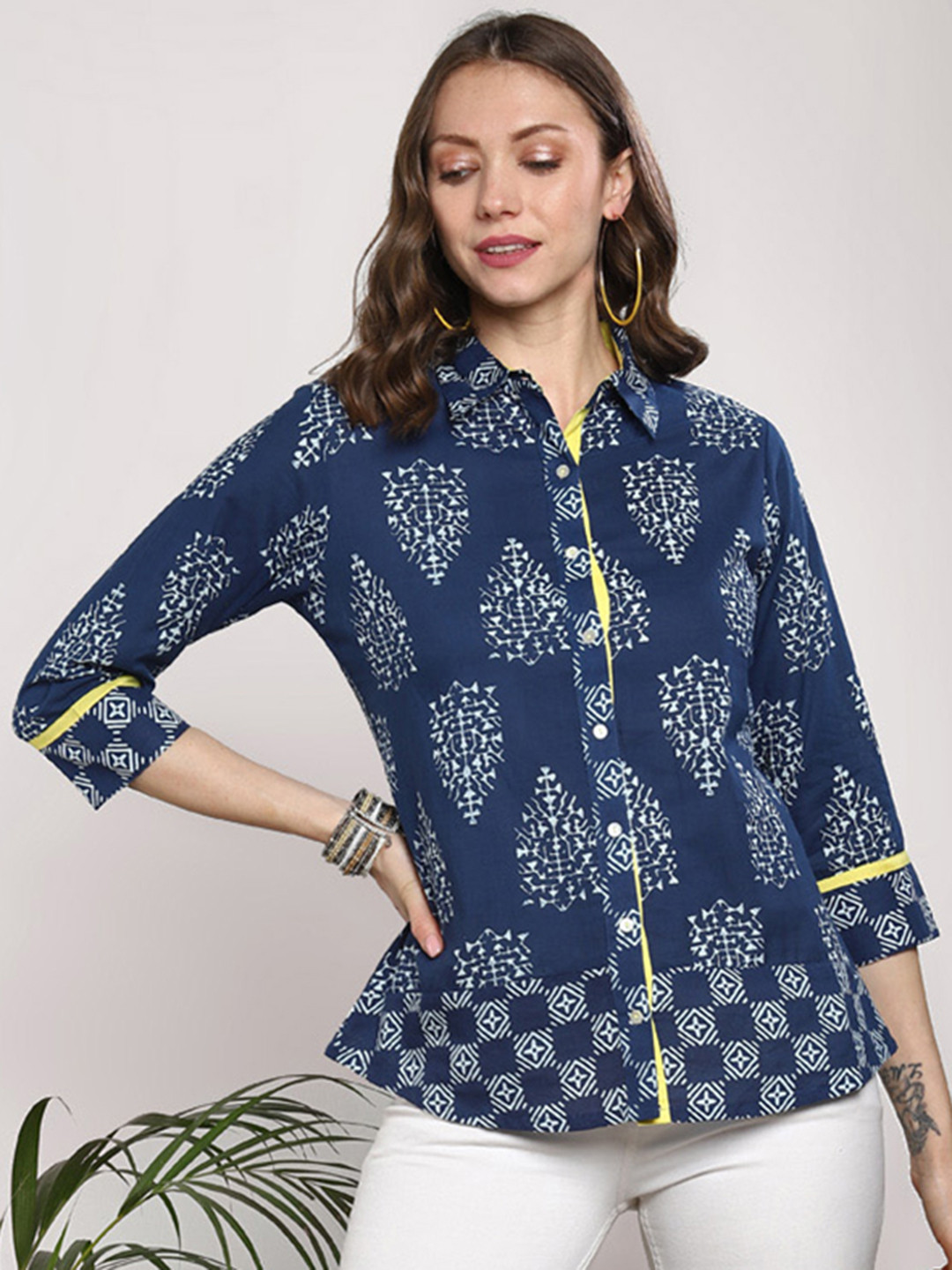 Sangria Women Blue Self Design Shirt Style Pure Cotton Top