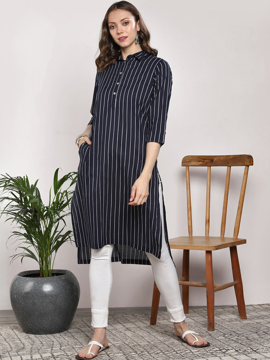 Sangria Black & White Striped A-Line Kurta