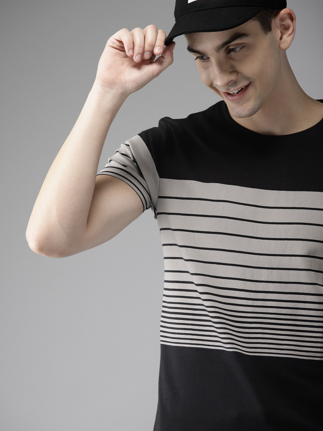 HERENOW Men Black  Grey Striped Cotton Pure Cotton T-shirt