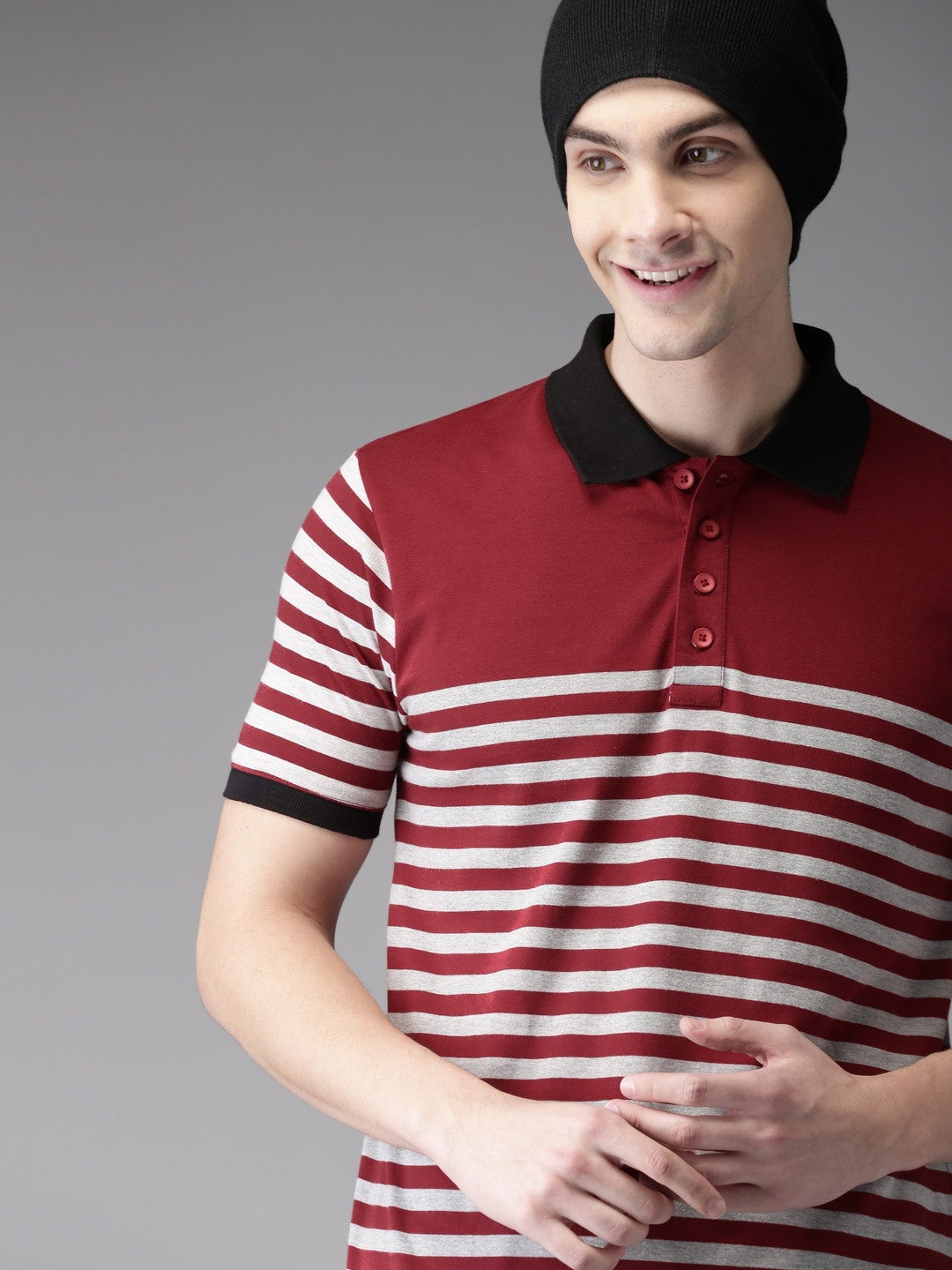 maroon and white striped polo