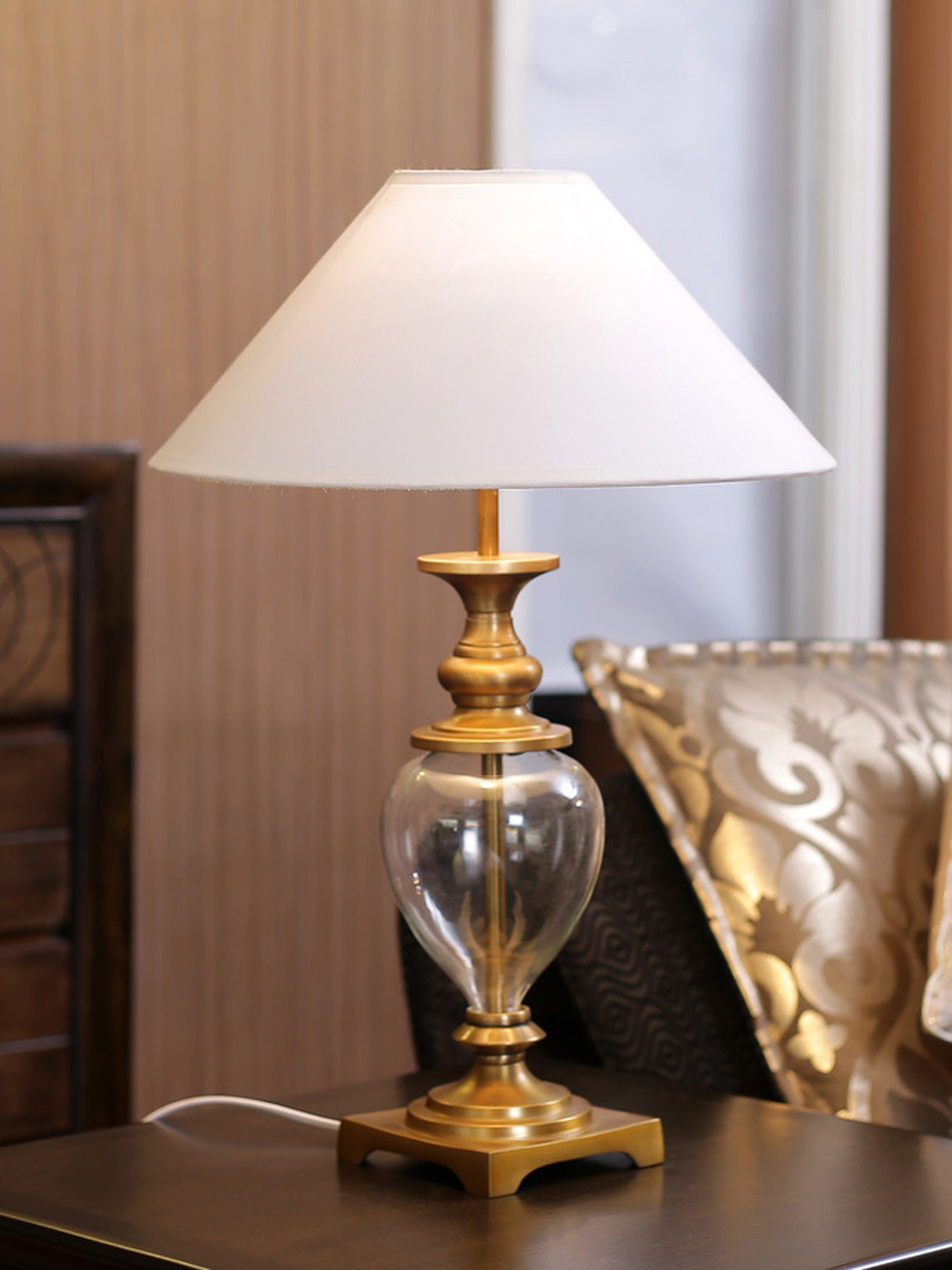 THE LIGHT STORE Gold-Toned & White Self Design Bedside Table Lamp with Shade