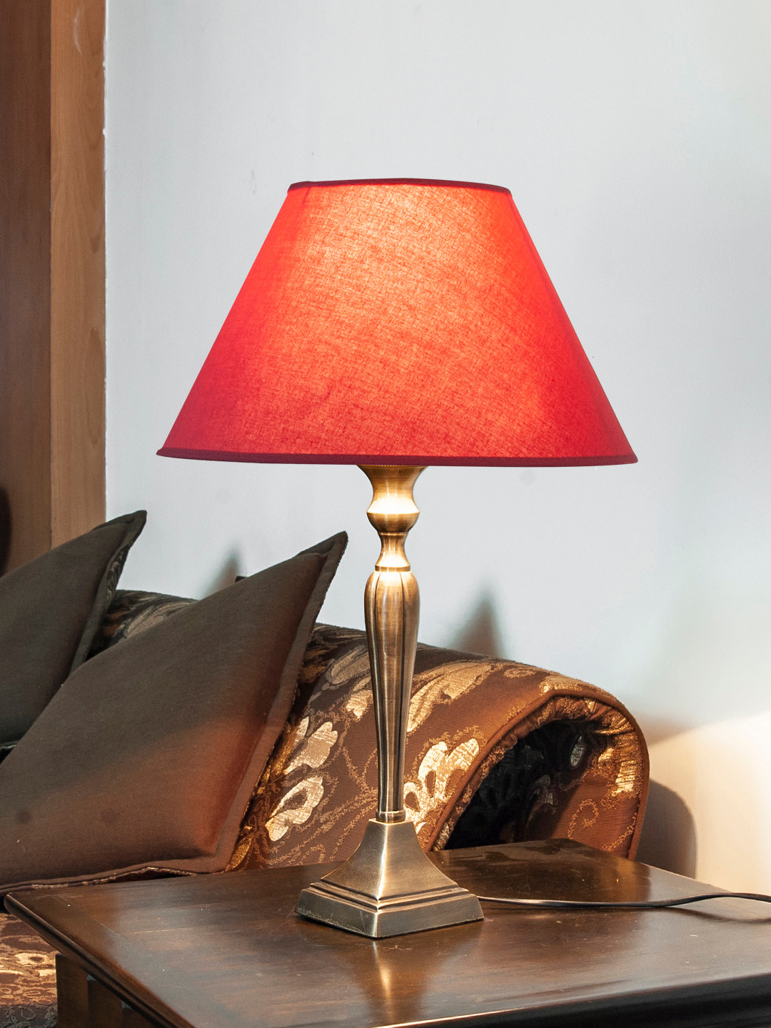 THE LIGHT STORE Gold-Toned & Orange Bedside Standard Table Lamp with Shade