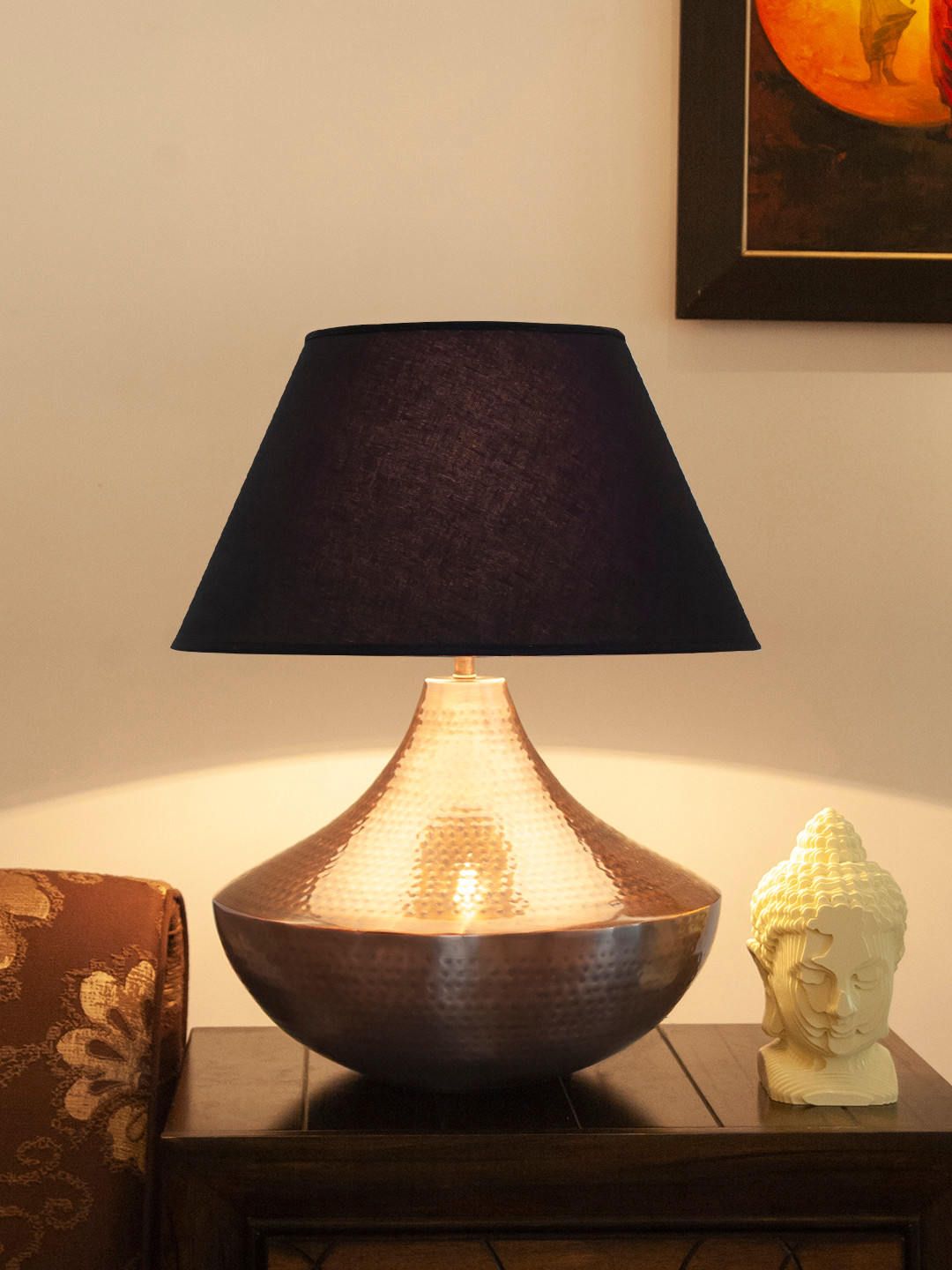 THE LIGHT STORE Copper-Toned & Black Self Design Bedside Table Lamp with Shade