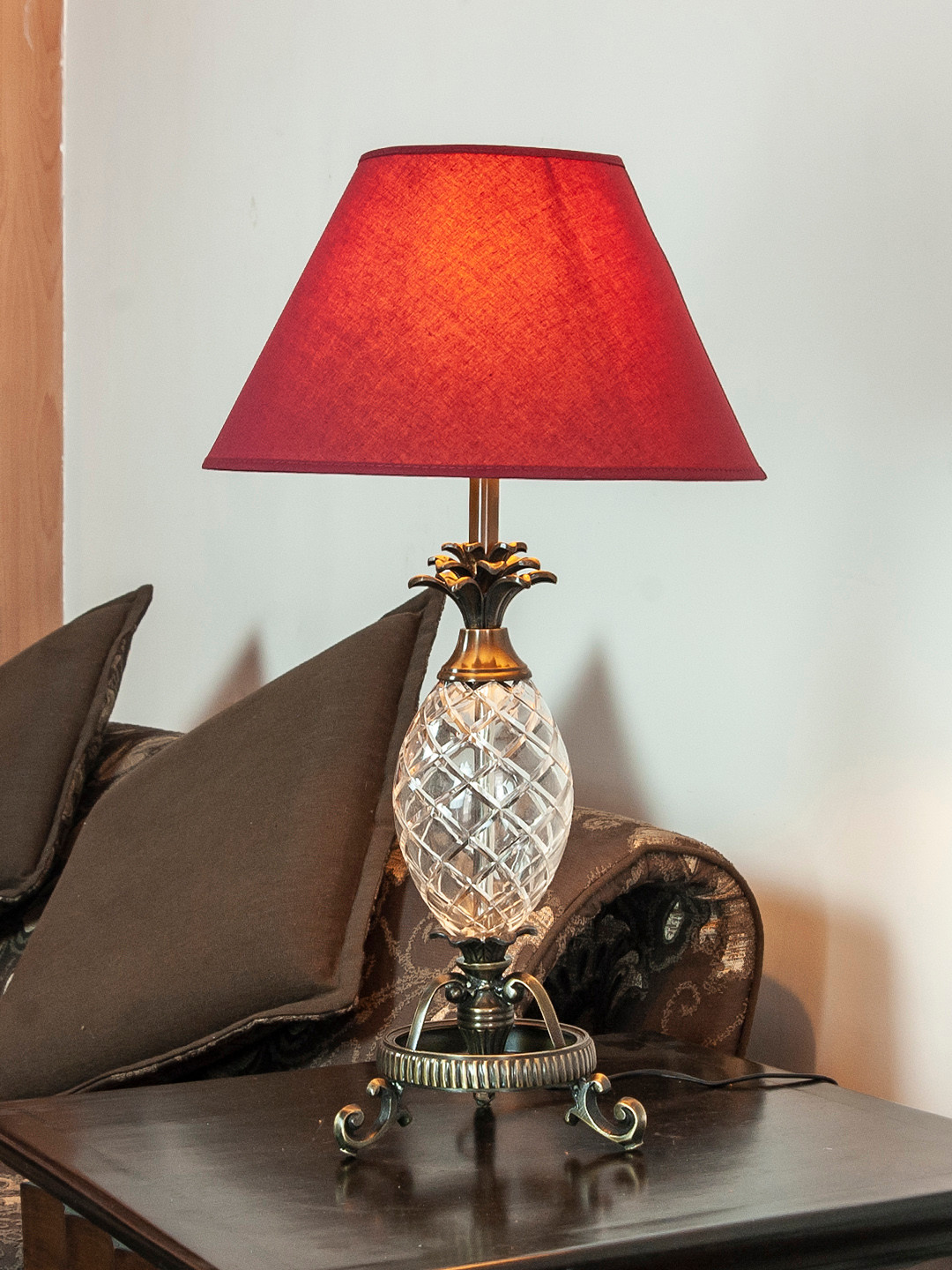 THE LIGHT STORE Gold-Toned & Red Self Design Bedside Table Lamp with Shade