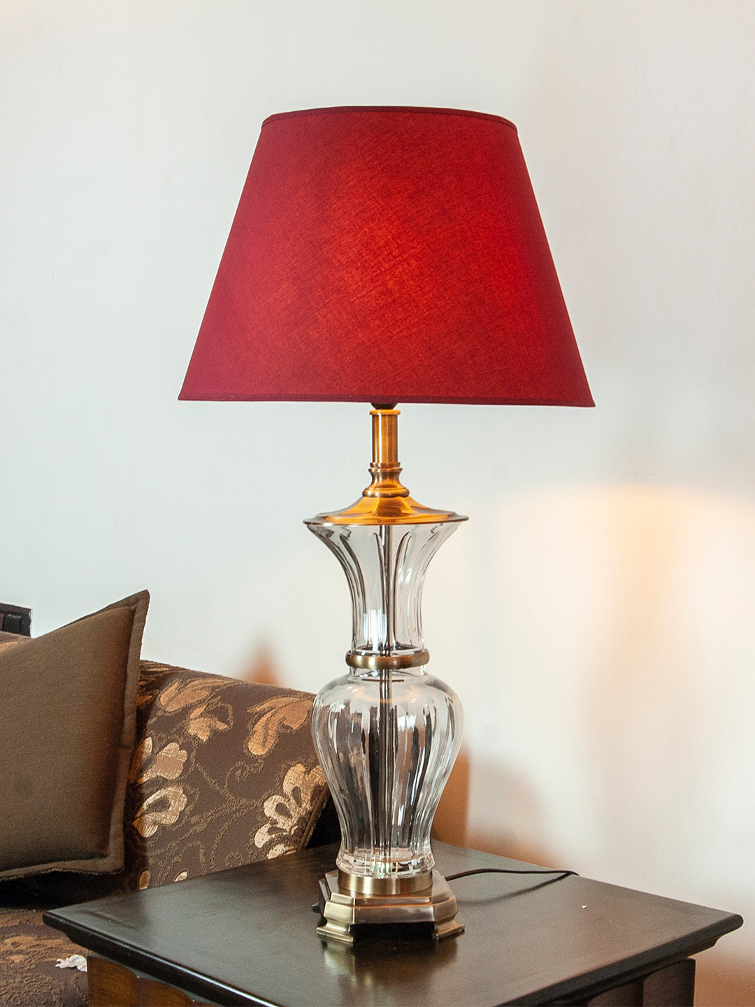 THE LIGHT STORE Gold-Toned & Red Self Design Bedside Standard Table Lamp with Shade