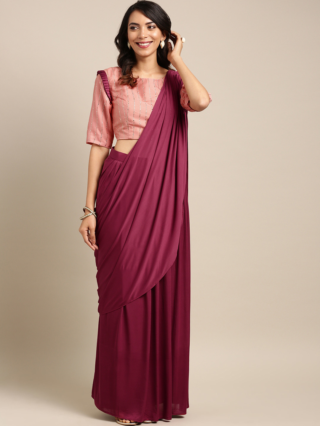 Buy Tikhi Imli Maroon u0026 Peach Coloured Poly Crepe One Minute Solid Saree -  Sarees for Women 9397027 | Myntra