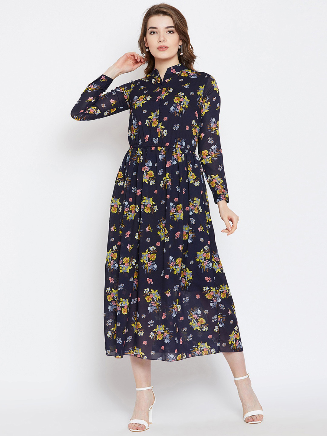 CHROME & CORAL Women Navy Blue Printed Fit and Flare Dress