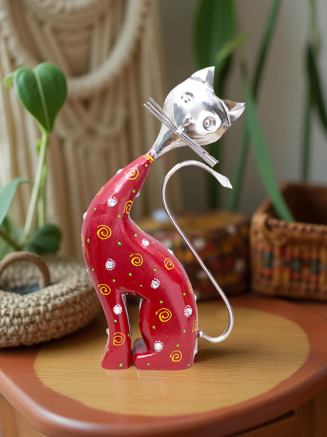 Golden Peacock Peacock Cat Shape Red Iron Matte Living Room Hand-Crafted Medium Showpiece - 11 Inches