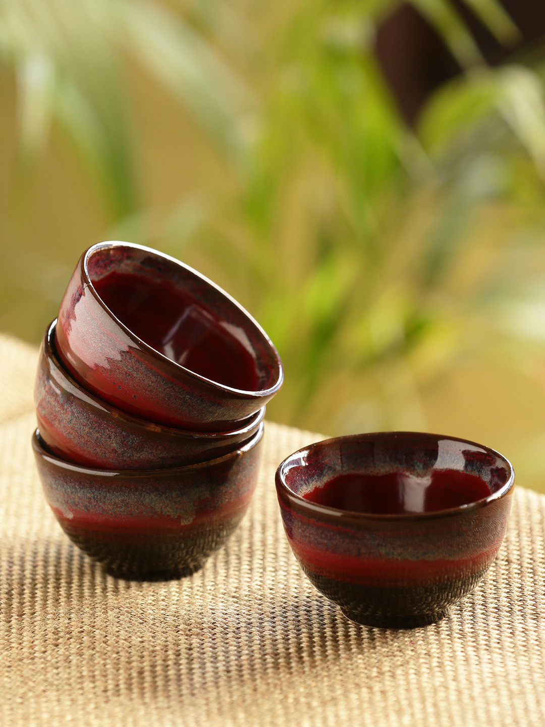 ExclusiveLane Red & Black Set Of 4 Hand Glazed Studio Pottery Ceramic Dining Bowls