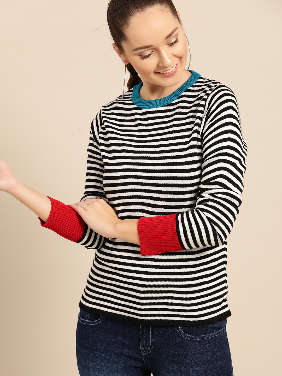 Price History of DressBerry Women Black White Striped Sweater