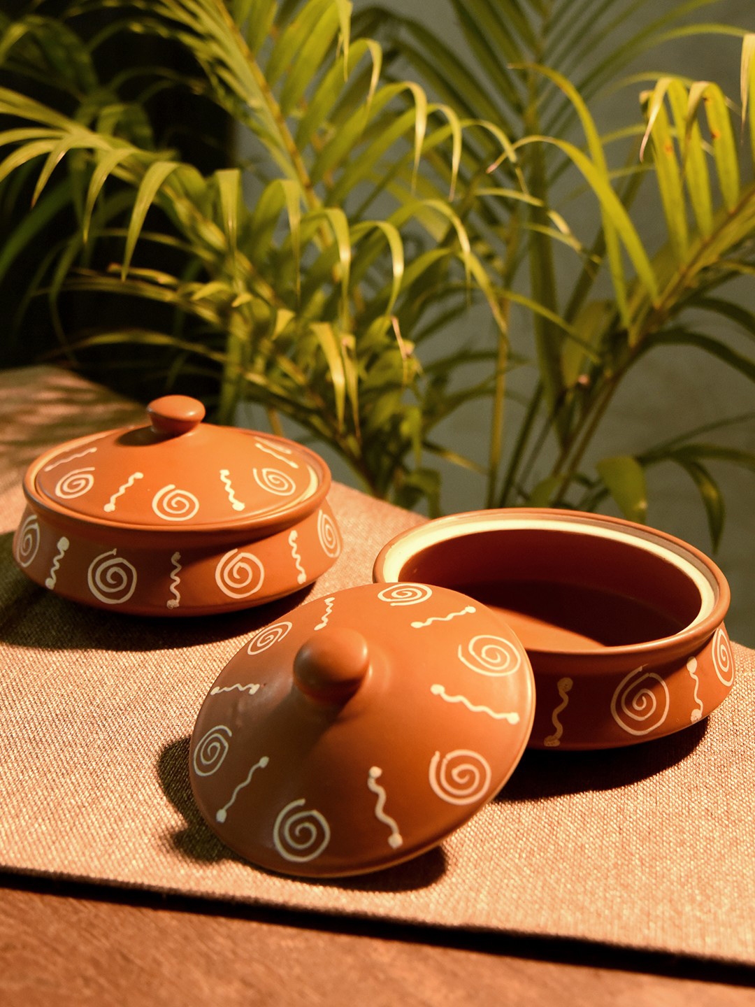 Unravel India Set of 2 Brown Ceramic Handis with Lids