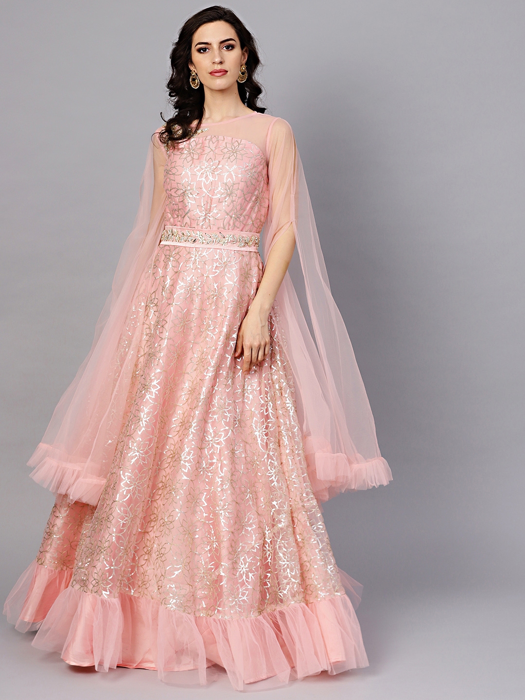 Chhabra 555 Women Pink Golden Embellished Net Made to Measure Gown