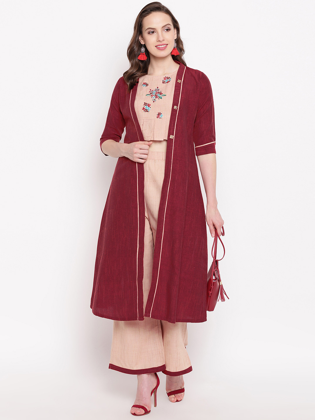 Kvsfab Women Beige & Maroon Embroidered Top with Trousers