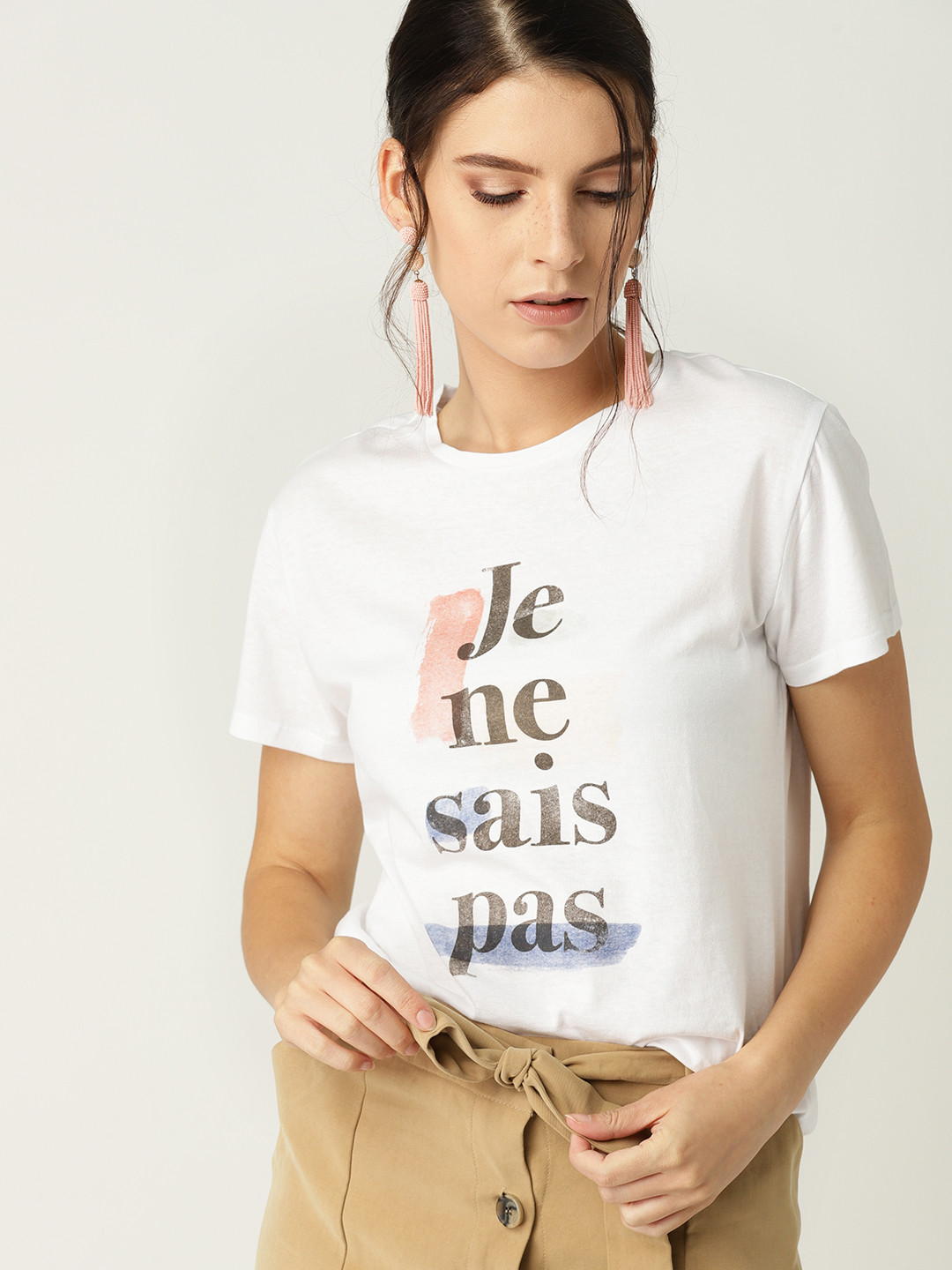 MANGO Women White Printed Round Neck 