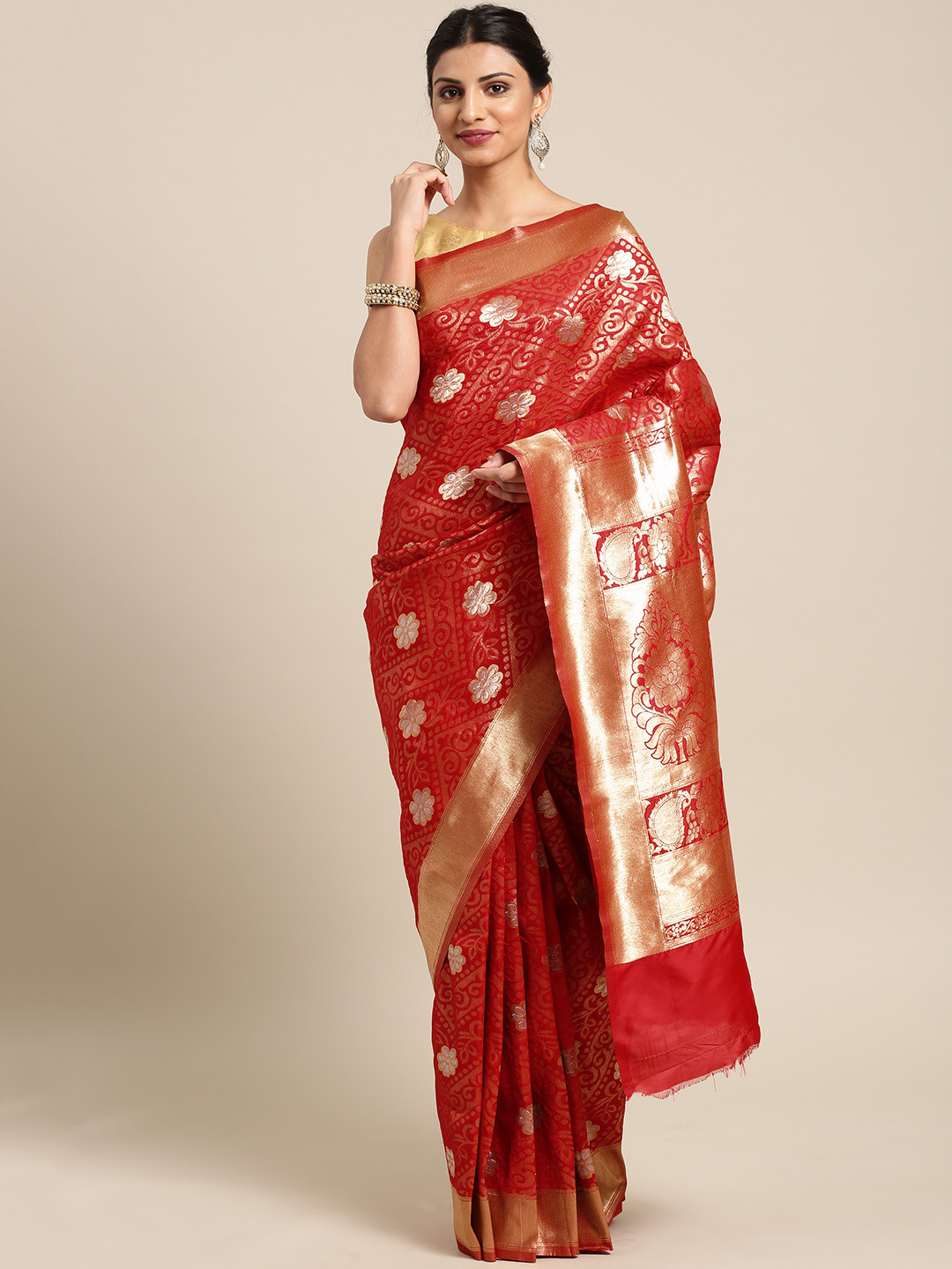 Saree mall Red & Gold-Toned Silk Blend Woven Design Banarasi Saree & Matching Blouse