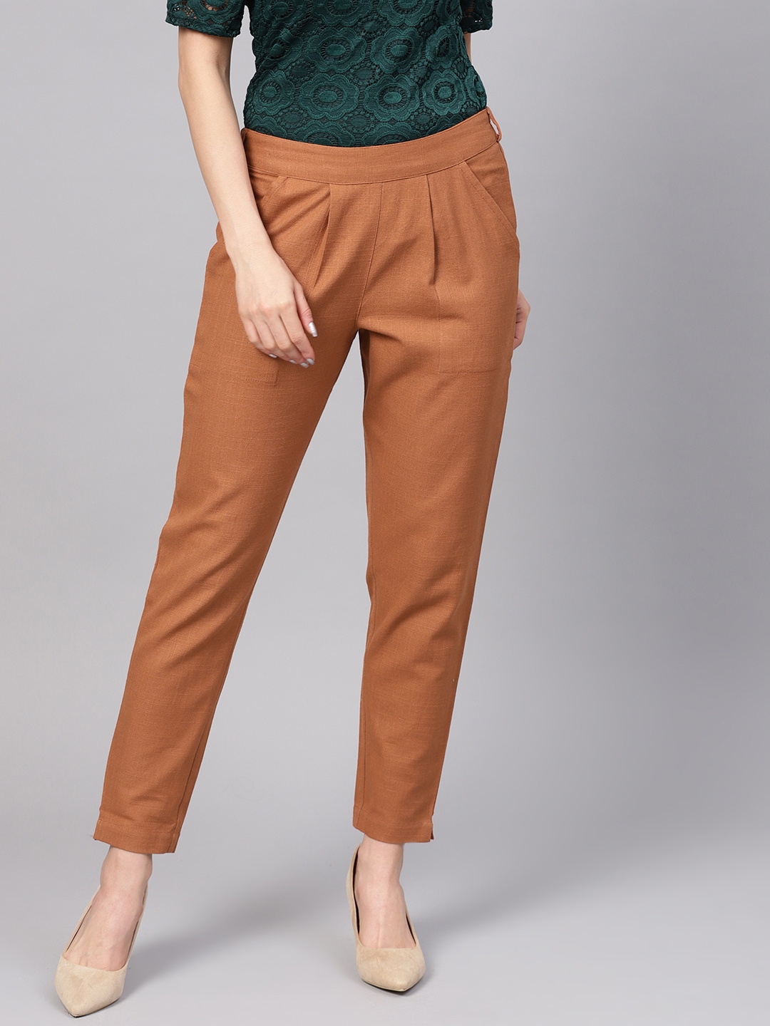Brown Slant Pocket Pleated Trouser in Slim Fit  Tumuh