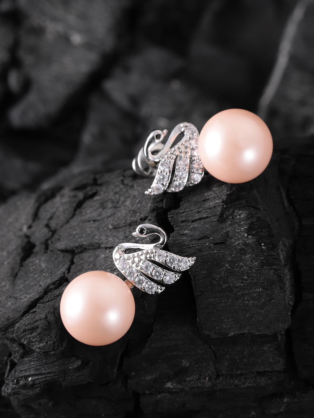 Carlton London Silver-Toned & Peach-Coloured Rhodium-Plated CZ Swan-Shaped Studs