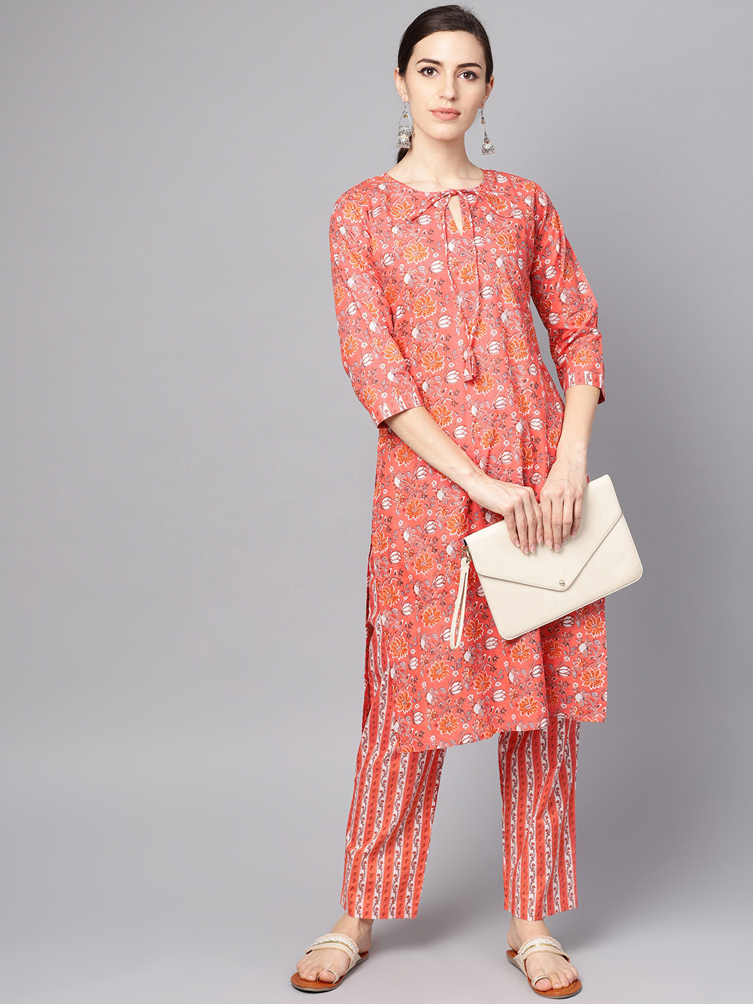 AASI - HOUSE OF NAYO Women Coral Pink & Off-White Printed Kurta with Trousers