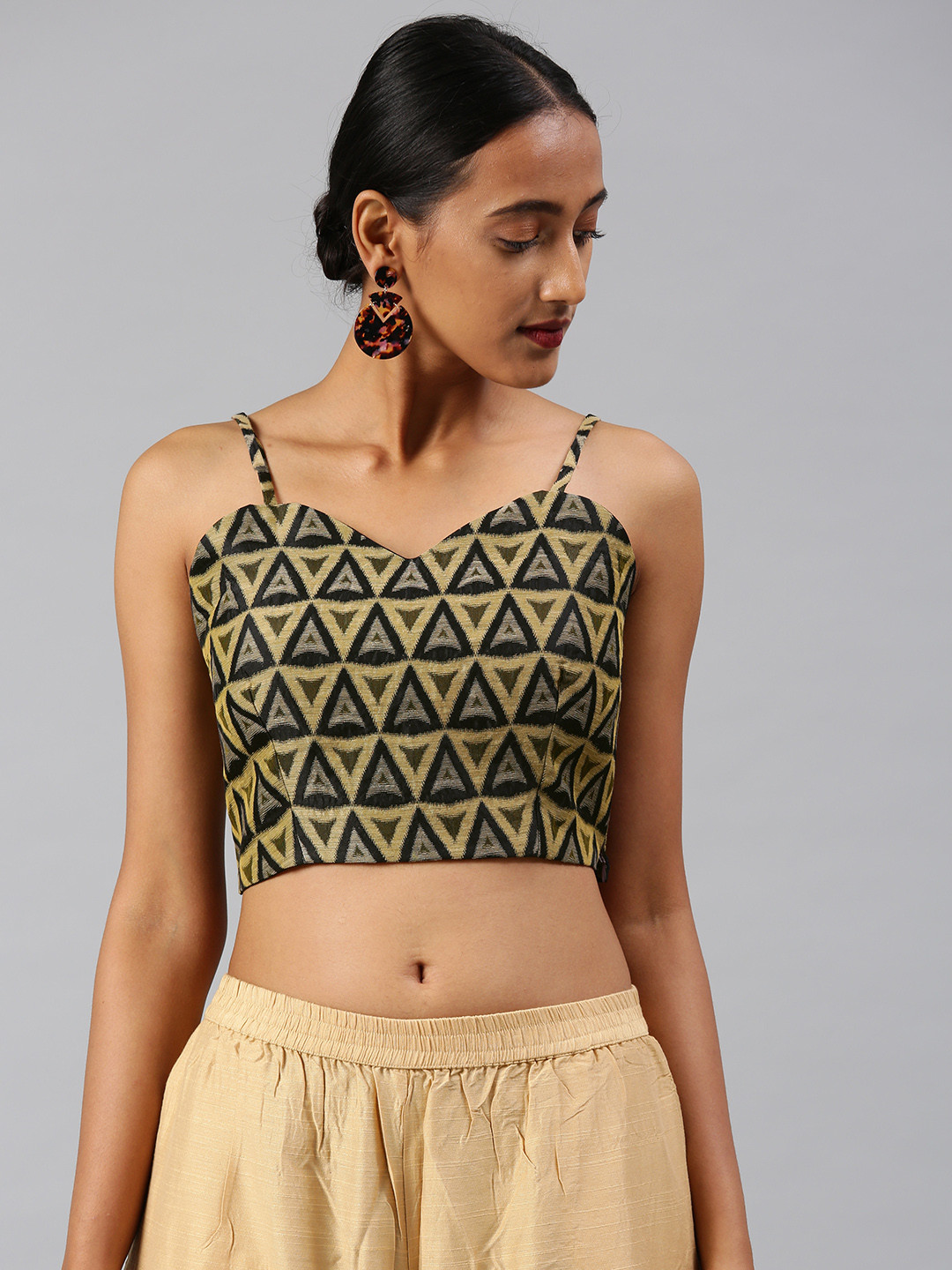 Aarrah Women Beige & Black Jacquard Woven Saree Blouse